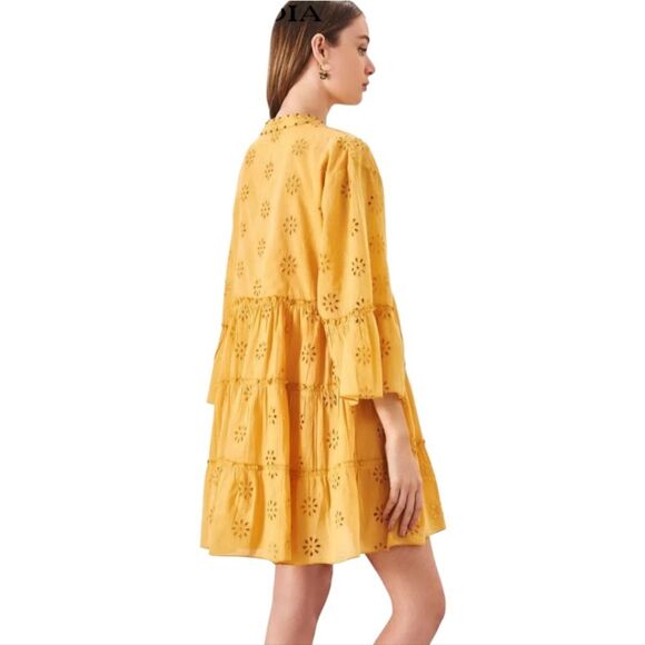 Rapsodia Balear Plain Dress Yellow Marigold Eyelet Bell Sleeve Women's Large - Picture 2 of 12